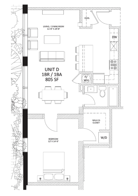 Floor plan for 1 bed, 1 bath, 805 sqft